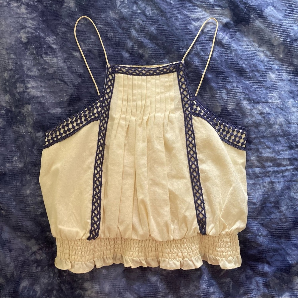 SOLD Cream and Navy High Neck Boho Lined Cinch Tank Top